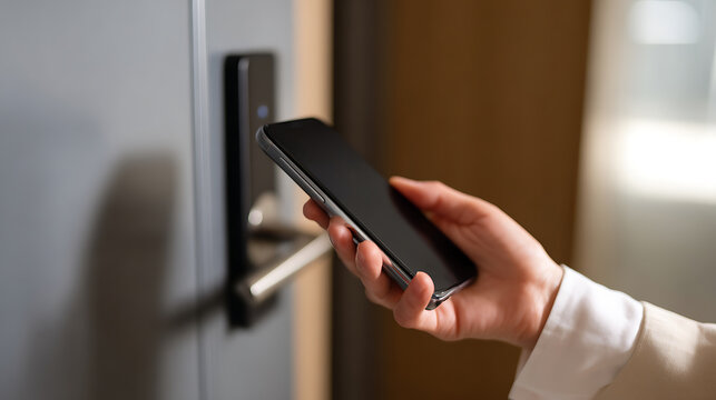 Close-up hand use smartphone mobile key, tap device on secure digital lock, open hotel room door. Modern technology for access control and convenience