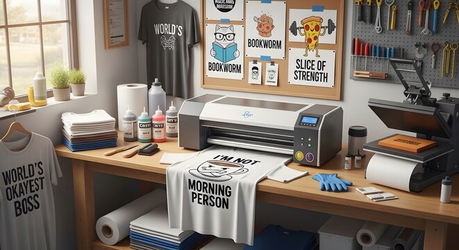 Inside a modern custom T-shirt printing workshop with DTG printer, heat press, and various apparel designs.