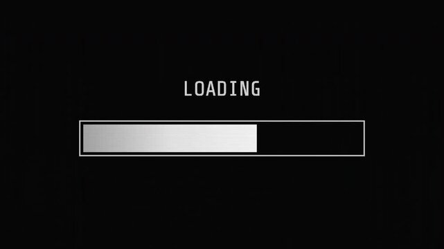 Glitching loading bar with retro pixel damage animation, progress status indicator, digital noise interference, CRT display error, system data processing animation 4k video