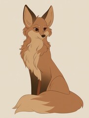 Fototapeta premium Cute cartoon fox character digital art illustration sitting down and looking to the side with a sweet smile big fluffy tail and clean line art style isolated on a soft beige background