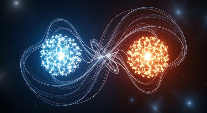 Abstract glowing energy spheres with wave lines fire and ice concept background