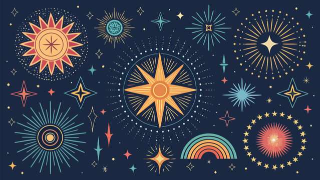 Vibrant celestial illustration featuring colorful stars, suns, and rainbow elements on a dark blue background with a cosmic theme