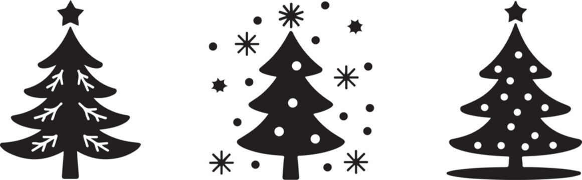 Set of three stylized black Christmas trees with star and snowflakes on transparent background simple icons vector.
