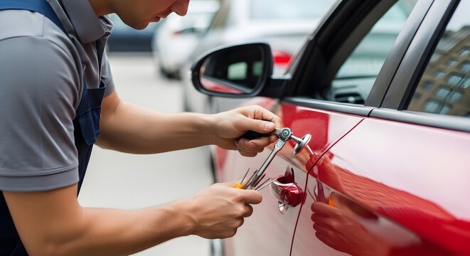 Skilled technician performing paintless dent repair on a red car door.