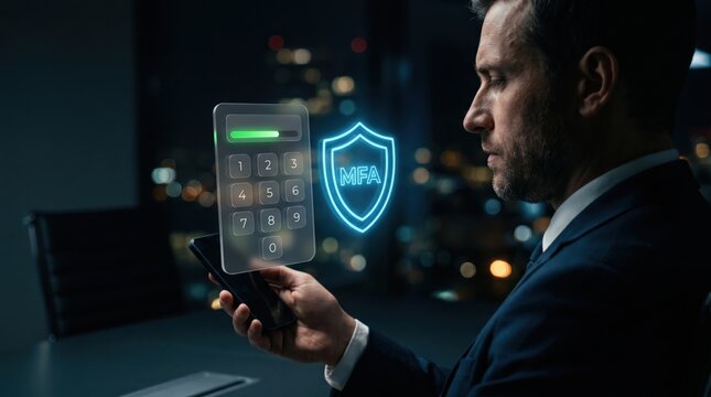 Cybersecurity MFA Authentication Concept: Businessman Interacting with Glassmorphic 3D Keypad and Secure Shield Interface
