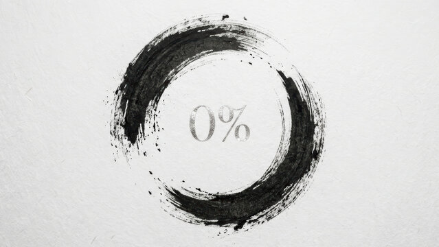 Minimalist black ink circle with zero percent text.