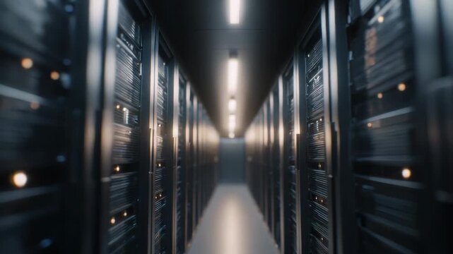 Server racks filling a modern data center aisle, providing essential infrastructure for information technology, cloud computing, network communication, and digital data storage