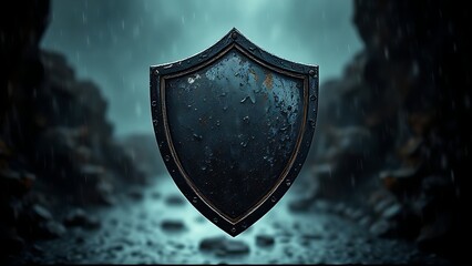 Fototapeta premium Weathered shield emblem against an eroded background in the rain, symbolic resilience.