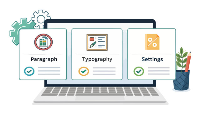 Vector illustration of laptop with paragraph typography and settings icons on screen
