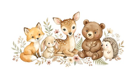 Naklejka premium Cute Forest Animals Watercolor Illustration - Fox, Deer, Bunny, Bear, Hedgehog