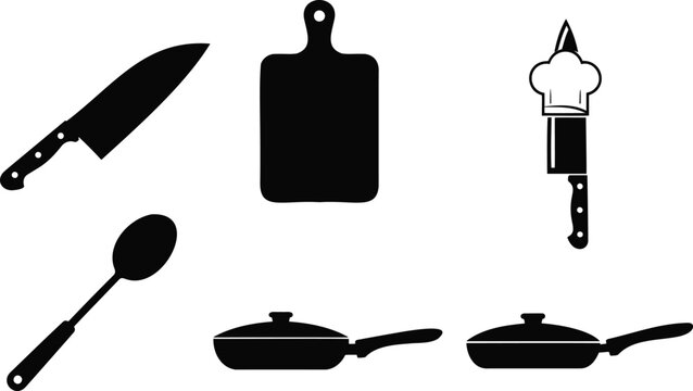 Kitchen utensils collection with chef knife cutting board frying pan spoon vector graphic.
