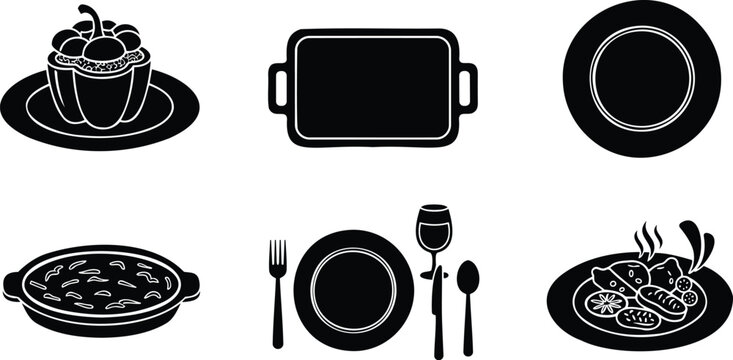 Plated meal options with stuffed pepper casserole and empty serving tray vector silhouette.
