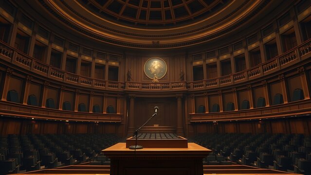 An empty podium with a microphone in a grand parliamentary hall, a single spotlight illuminating the stage.