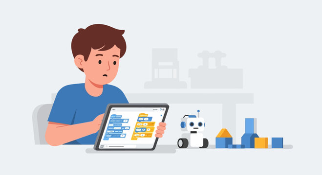 Boy learns coding on tablet with robot and building blocks, educational technology concept