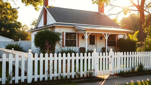 A standalone house with a white picket fence and garden in morning sunlight.
