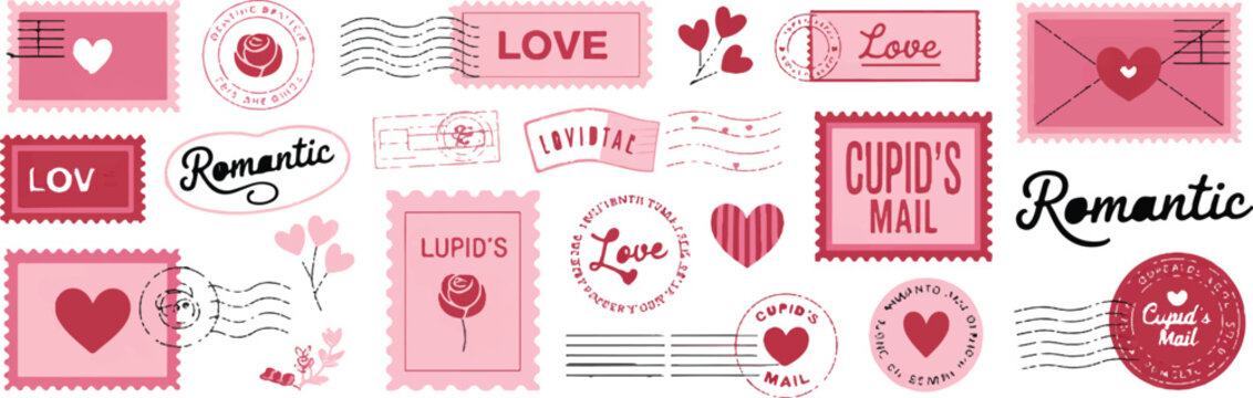Collection of romantic Valentine's day postage stamps and postmarks with hearts roses and love messages.