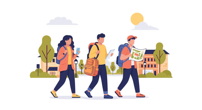 Diverse group of young travelers exploring a town with backpacks and maps