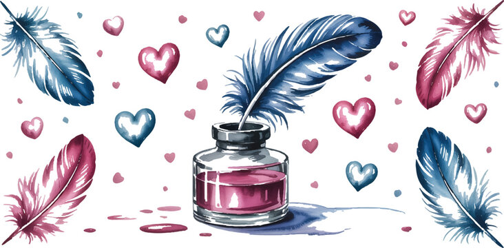 Vintage quill pen and ink bottle surrounded by floating hearts and feathers romantic Valentine's day elements.