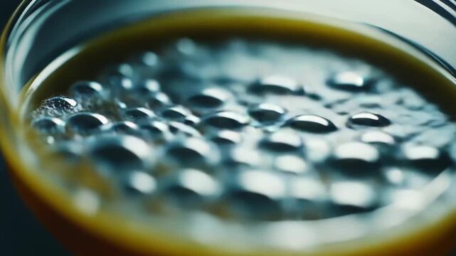 Microscopic water droplets clustering together on a glass surface, creating a fascinating pattern of condensation inside a laboratory dish, highlighting purity and basic scientific principles