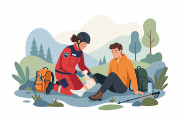 Fototapeta premium Search and Rescue Paramedic Bandaging Injured Hiker in Nature