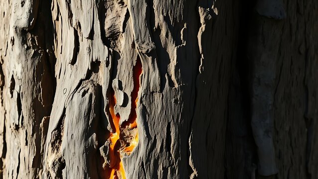 Scarred bark of an ancient tree with carved initials and amber resin.