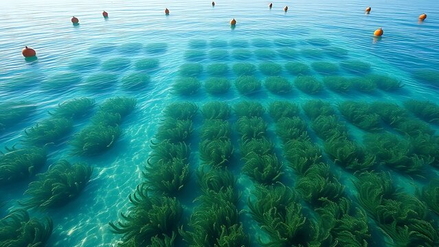 Clear shallow seawater with floating buoys and lush kelp forests below.