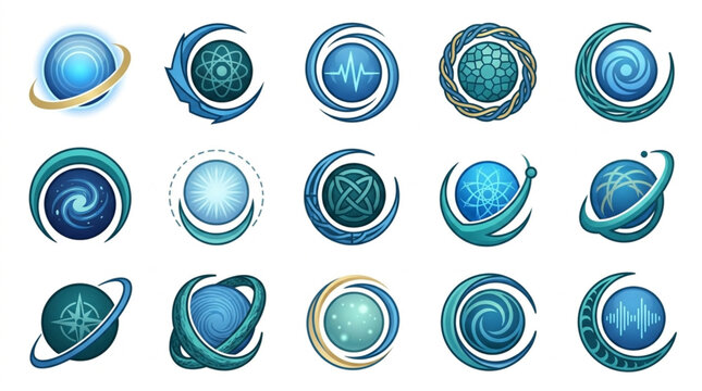 Collection of futuristic blue planet logos and icons.