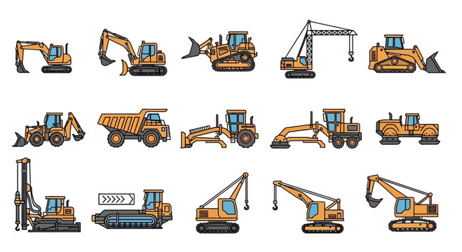 Pixel Art Construction Vehicles Set: Excavator, Bulldozer, Crane, Dump Truck, Loader