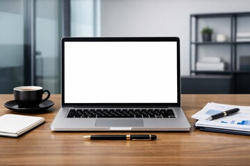 Fototapeta premium Modern workspace with laptop and coffee on wooden desk in office setting. Ai generative