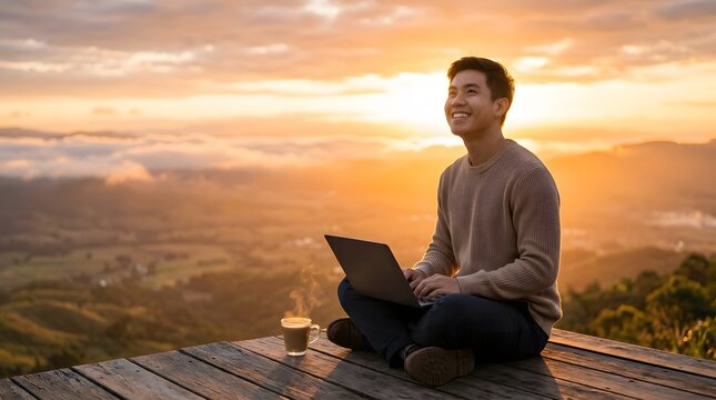 Smiling young Asian man working on laptop outdoors at golden hour from a mountain viewpoint with a steaming coffee cup on a wooden deck overlooking a scenic landscape.
