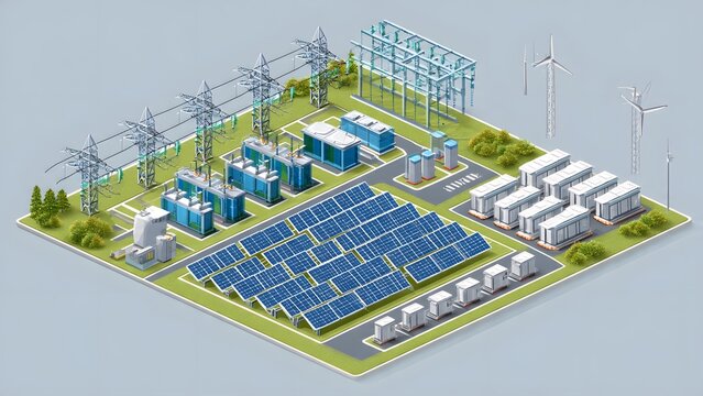 Renewable Energy Solar Power Plant with Wind Turbines.