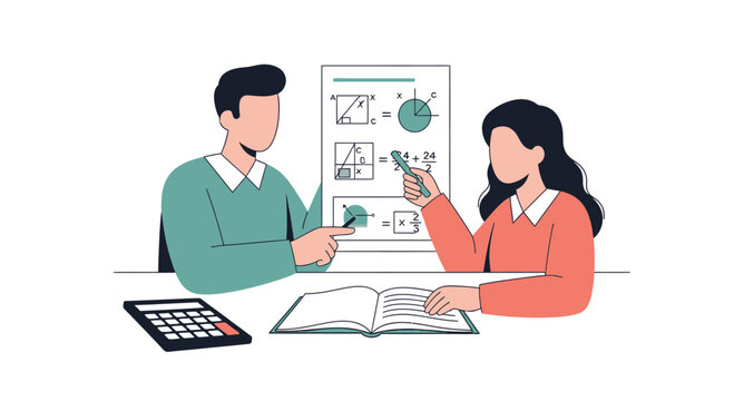 Students learning math with teacher, studying geometry and algebra at desk with calculator