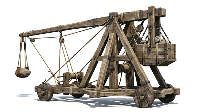 Medieval wooden catapult isolated on a white background with a stone projectile ready to launch