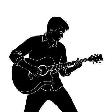 Black and White Silhouette Illustration of a Man Playing an Acoustic Guitar Isolated on White background