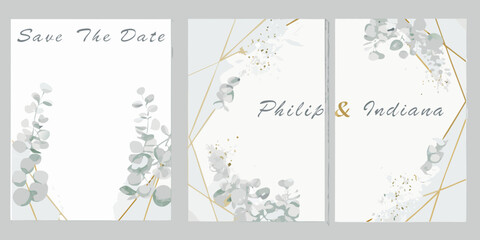 watercolor eucalyptus and gold foil triptych elegant wedding invitation background set © Ranajit