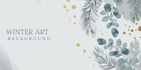 watercolor eucalyptus branches and pine needles with gold accents on a white background © Ranajit