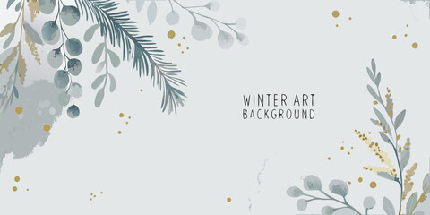watercolor eucalyptus branches and pine needles with gold accents on a light gray background © Ranajit