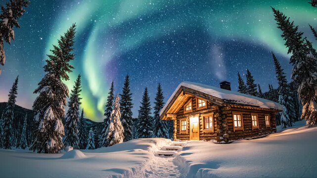 Cozy wooden cabin glows warmly under a vibrant aurora borealis and starry sky