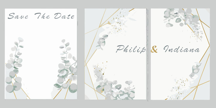 watercolor eucalyptus and gold foil triptych elegant wedding invitation background set