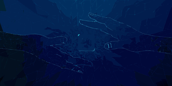 Wireframe hands reaching towards each other abstract blue digital illustration