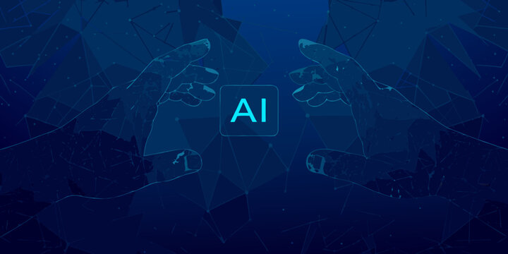 Wireframe hands reaching toward each other with artificial intelligence text digital illustration