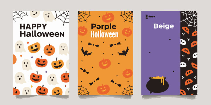 Four vertical happy halloween posters with pumpkins ghosts and bats on colored backgrounds