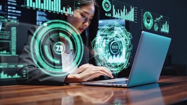 Businesswoman analyzes complex financial data on her laptop while holographic charts hover in the air.
