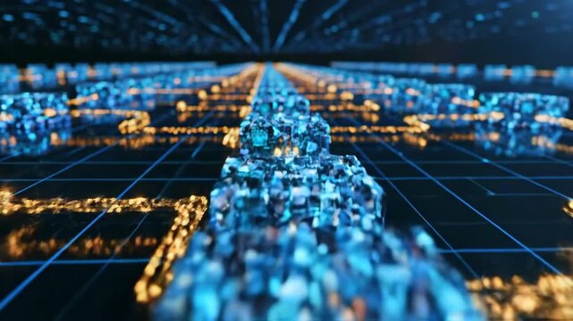 Blockchain network visualization, glowing digital nodes and streaming data across futuristic circuit grid, abstract technology infrastructure illustrating decentralized finance systems, secure