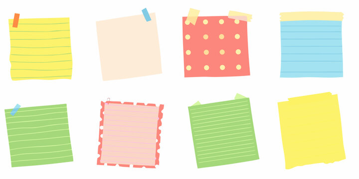 collection of pastel colored sticky notes with tape isolated on white background