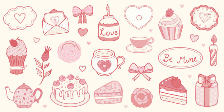 valentine s day illustration set with sweets hearts and gifts in pastel colors