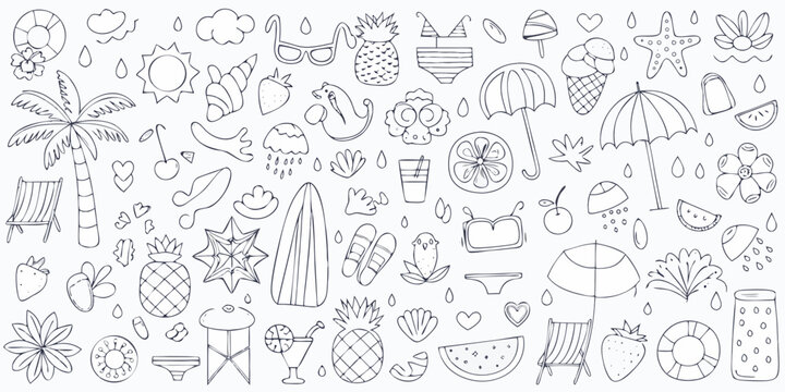 hand drawn summer doodle set with tropical fruits beach items and floral elements