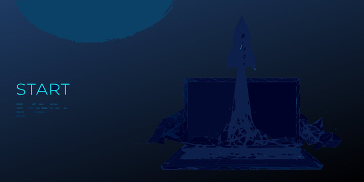 Neon blue wireframe rocket launching from a laptop digital startup concept