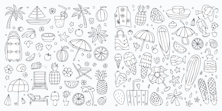 hand drawn summer doodles collection with tropical fruits beach items and floral elements