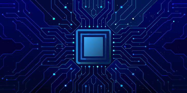 abstract circuit board with central microchip glowing blue lines and dark background